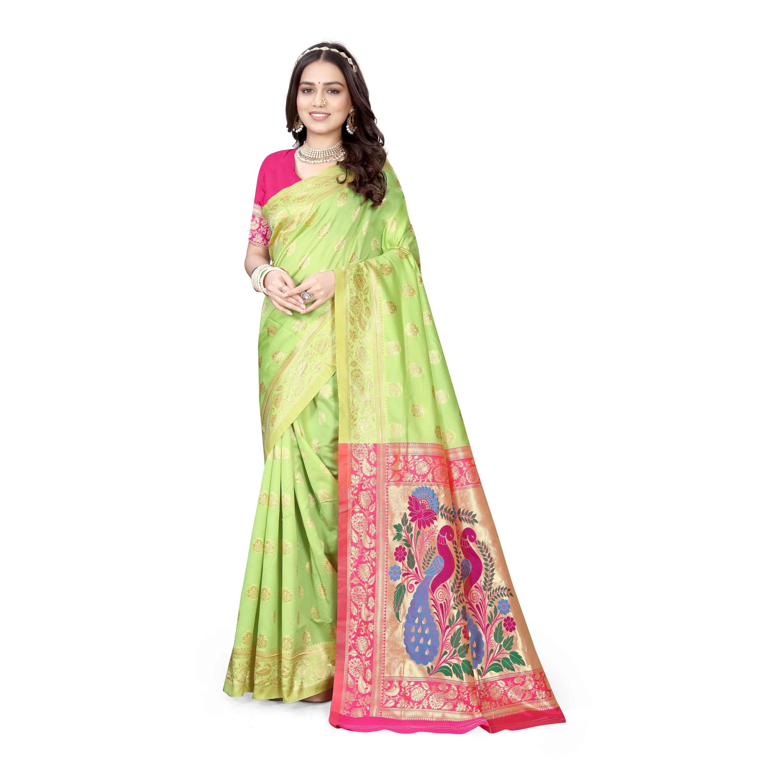 Sugathari Women's Banarasi Saree Pure Paithani Kanjivaram Silk Soft New Ladies 2024 Design Wear Pattu Sarees Latest Cotton Party Sari Collections With Blouse Piece For Wedding Sadi (Pari-203 Pista)