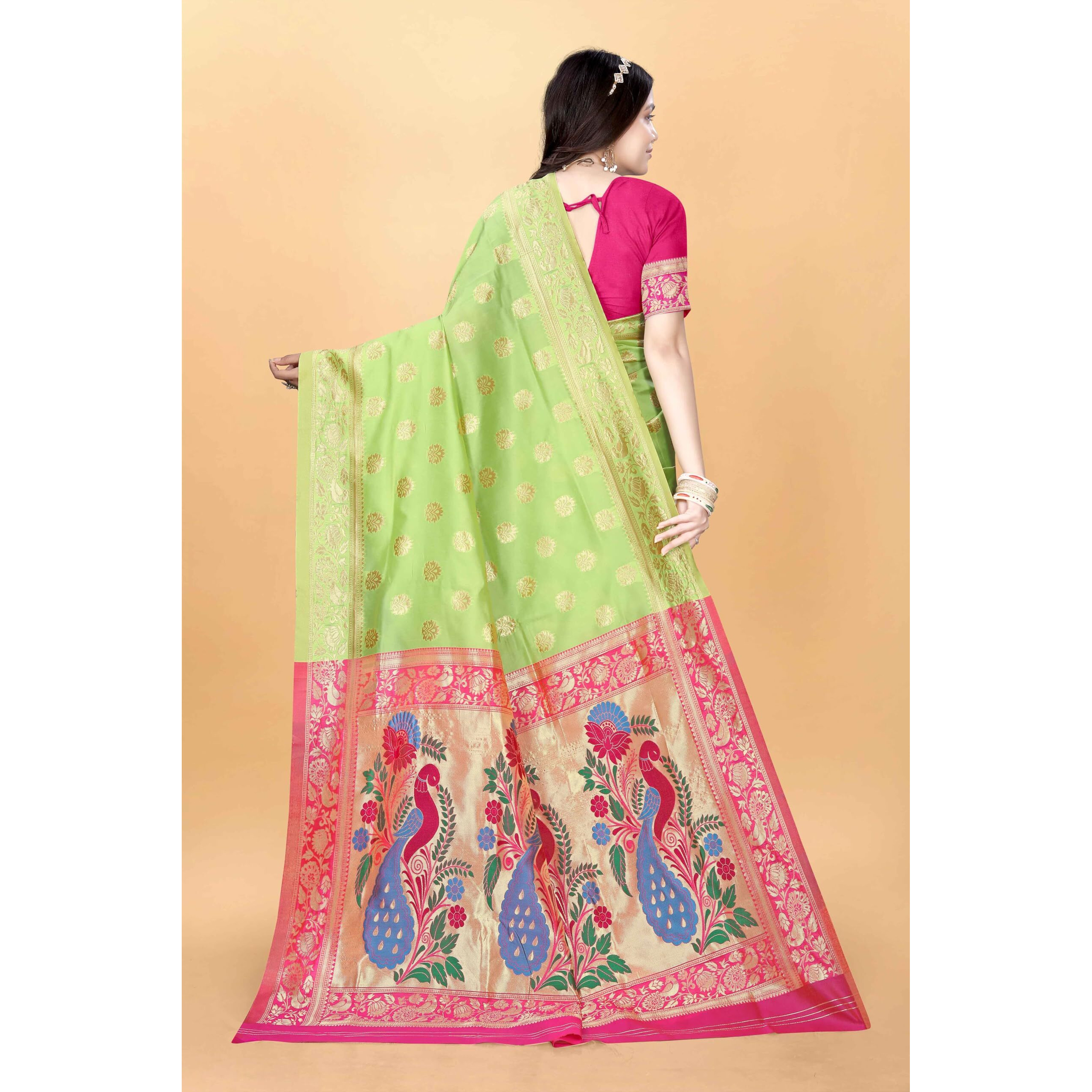 Sugathari Women's Banarasi Saree Pure Paithani Kanjivaram Silk Soft New Ladies 2024 Design Wear Pattu Sarees Latest Cotton Party Sari Collections With Blouse Piece For Wedding Sadi (Pari-203 Pista)