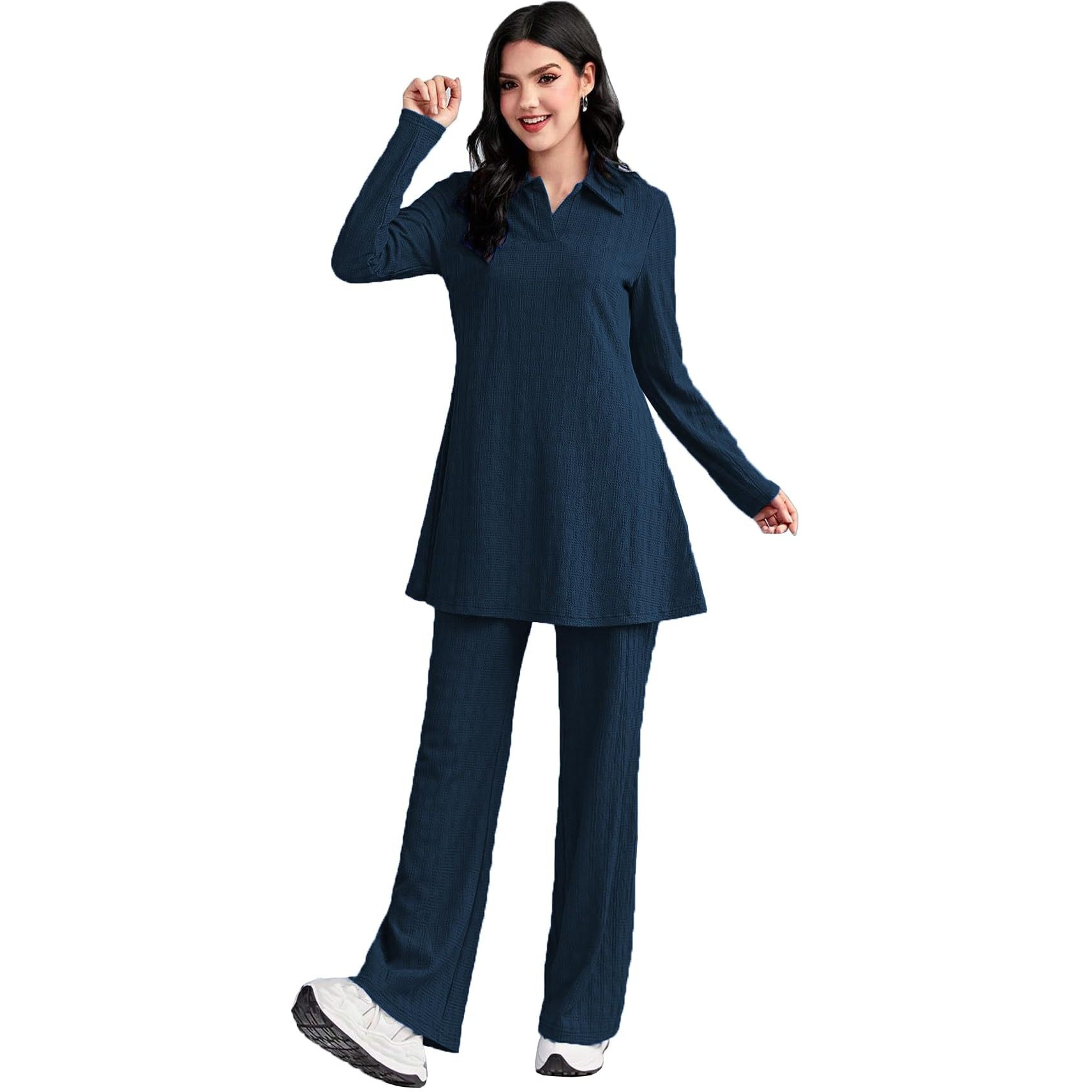 Tadkee Women's Solid Color Two-Piece Set | Long Sleeve Top & Wide Leg Pants Co-Ord Set | Casual Wear Co Ord Set (Fn-Full-Sleeve-Cord-125-Teal-Xl)