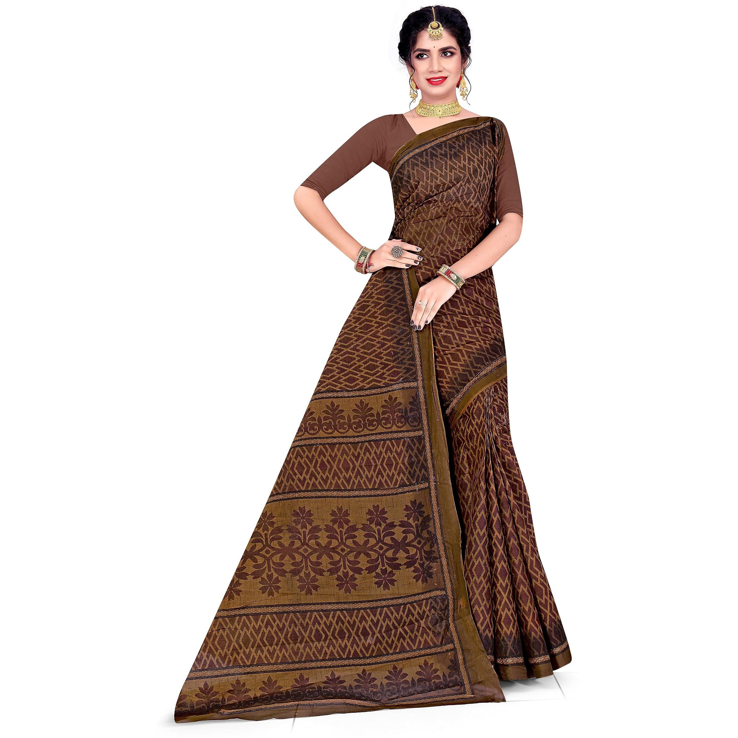 Tamaira Fashion Women's Plain Weave Pure Cotton Saree Without Blouse Piece(11014_Brown)