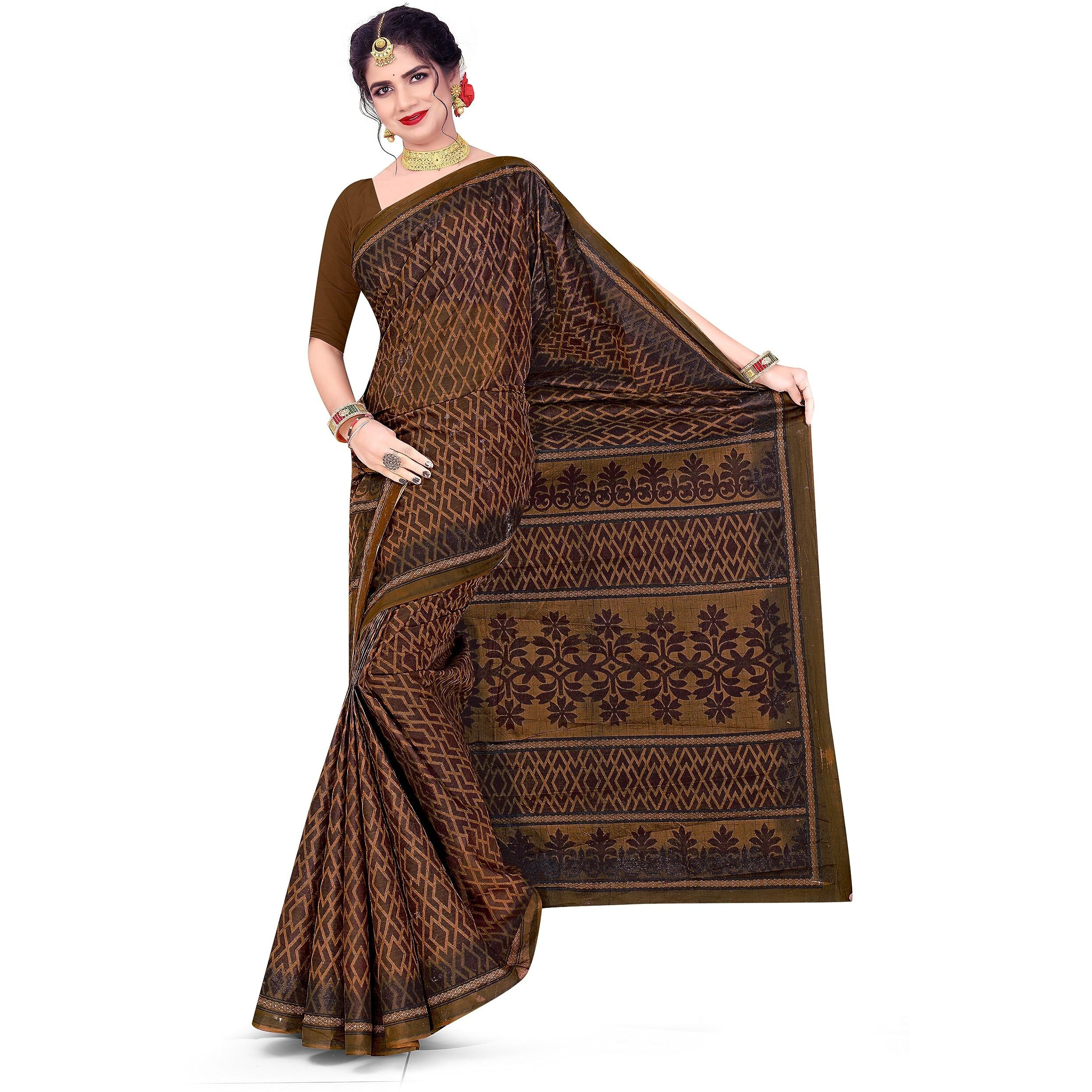 Tamaira Fashion Women's Plain Weave Pure Cotton Saree Without Blouse Piece(11014_Brown)