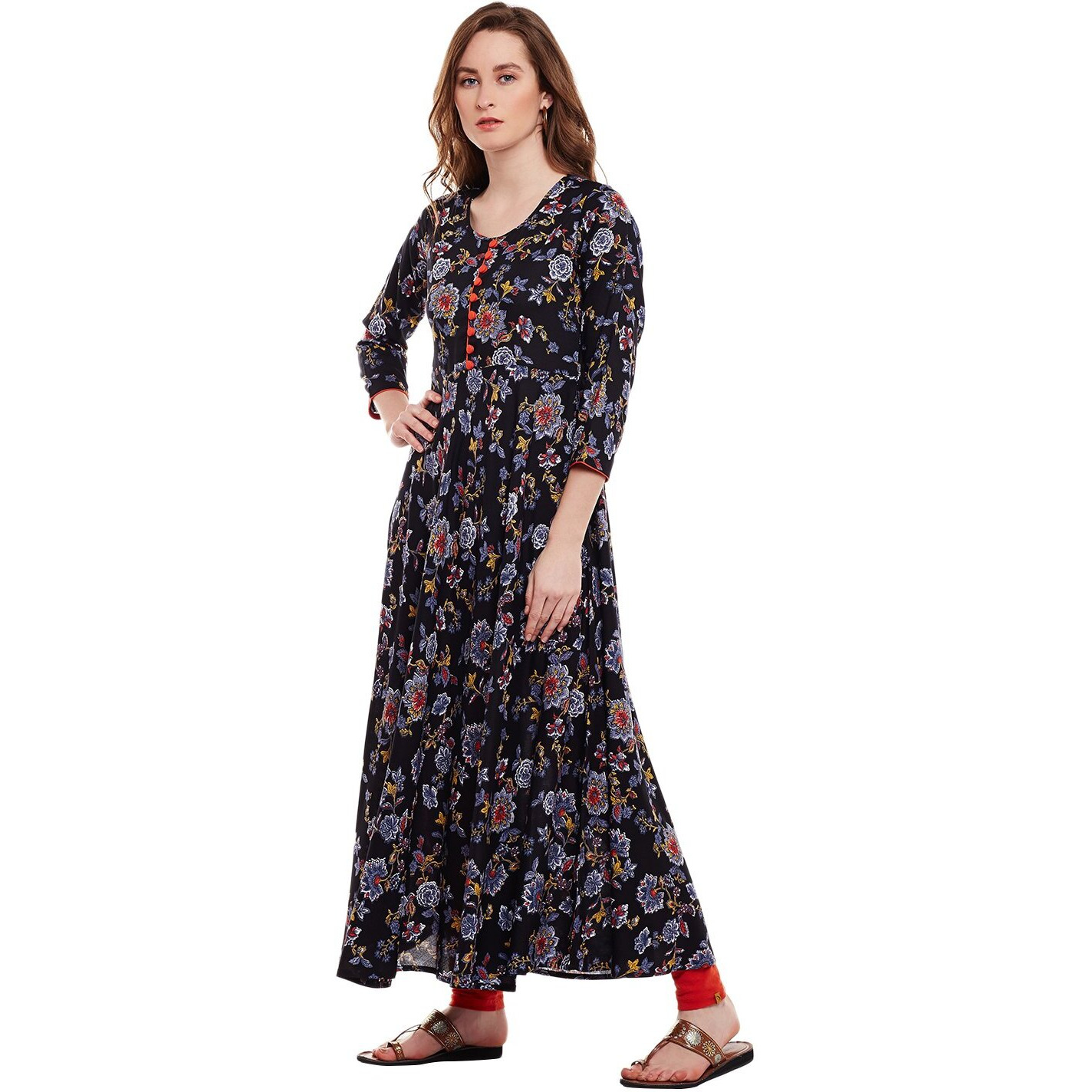 Viscose Floral Printed Flared Kurta With Buttons Multicolour Xl