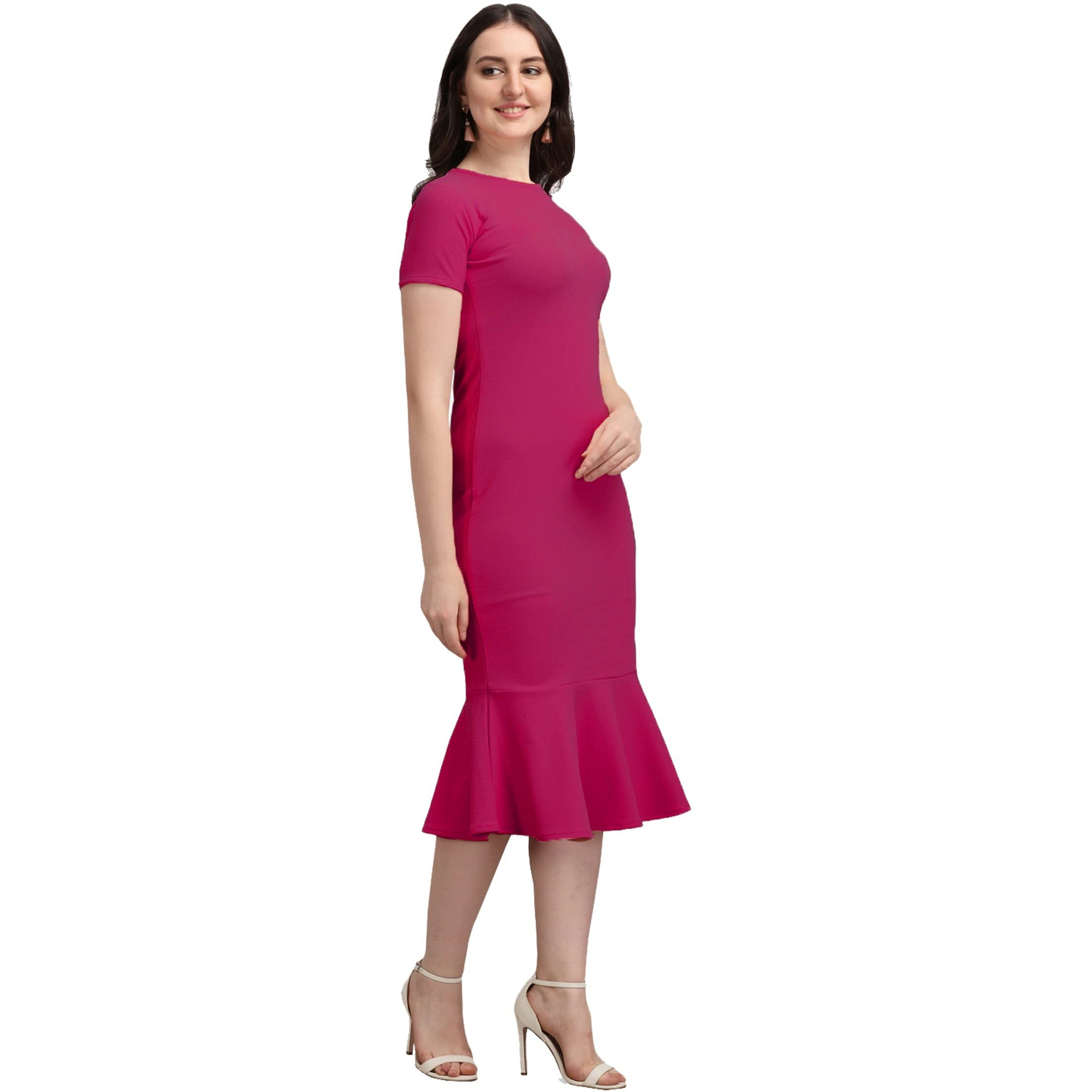 Purvaja Women's Corduroy Bodycon Midi Dress (Ruby-004-Pn-S_Pink