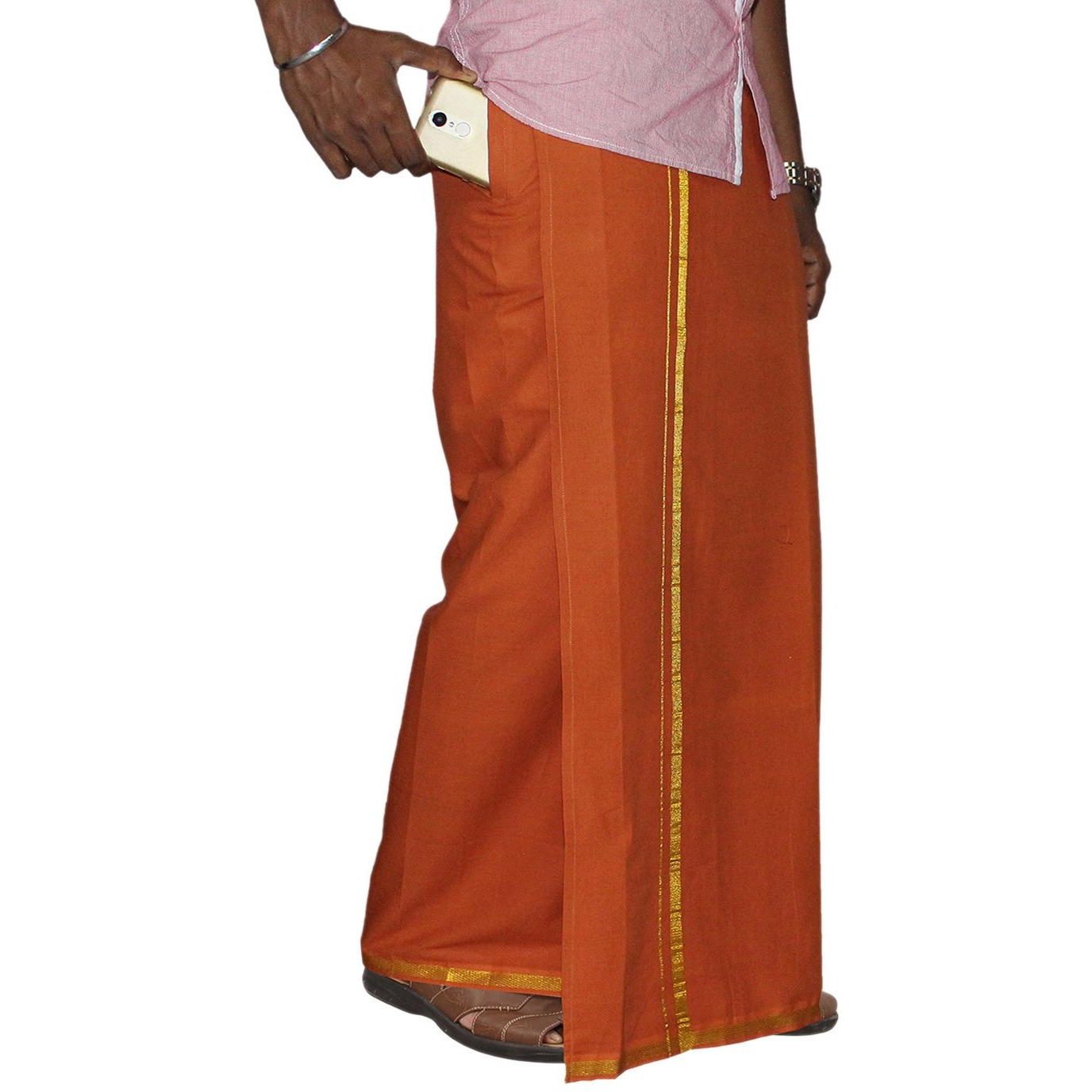 Prakasam Cotton Men's Single D.Kavi Colour With Jari Border Welcro Pocket Dhoti (Hip Size-32)-(Length-42Inches)