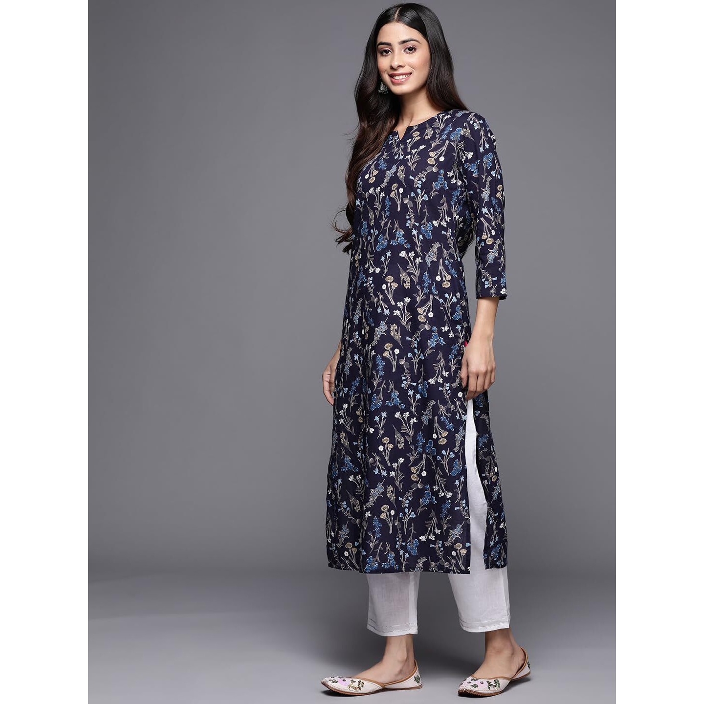 Varanga Womens Floral Printed Cotton Kurta With Navy Blue Color Best Fits For Office Wear, (Medium)