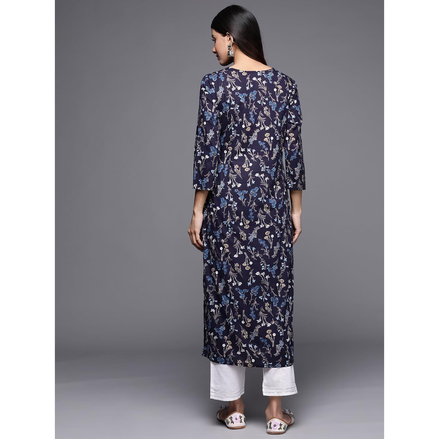 Varanga Womens Floral Printed Cotton Kurta With Navy Blue Color Best Fits For Office Wear, (Medium)