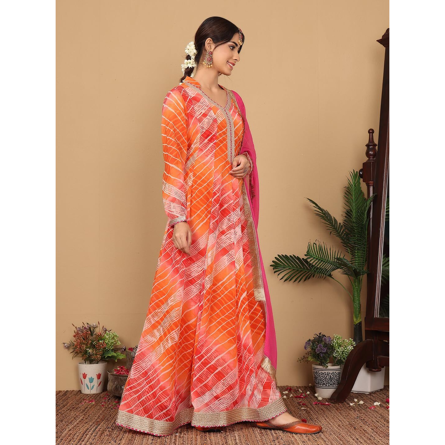 Varanga Woven Leheriya V-Neck Lace Embellished Anarkali Kurta With Dupatta  Elegant Orange And Pink Leheriya Print, Lace Detailing, V Neck, Three-Quarter Sleeves, Flared Anarkali Silhouette (Small)