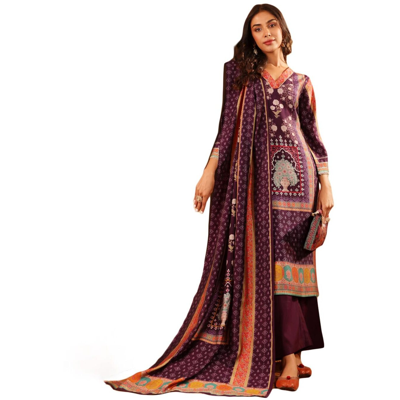 Varanga Women Purple Ethnic Printed Gota Lace Detailed Kurta With Solid Trouser & Printed Dupatta  Elegant Ethnic Set