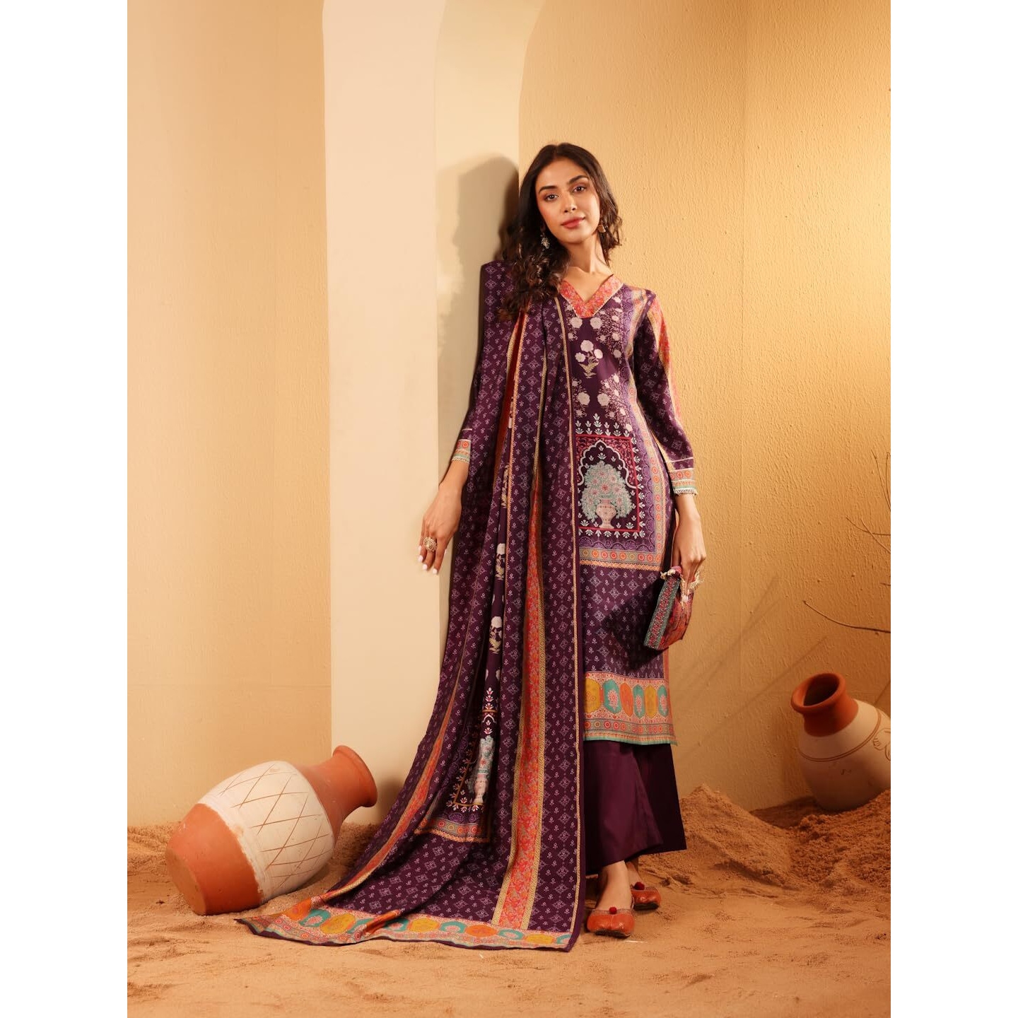 Varanga Women Purple Ethnic Printed Gota Lace Detailed Kurta With Solid Trouser & Printed Dupatta  Elegant Ethnic Set