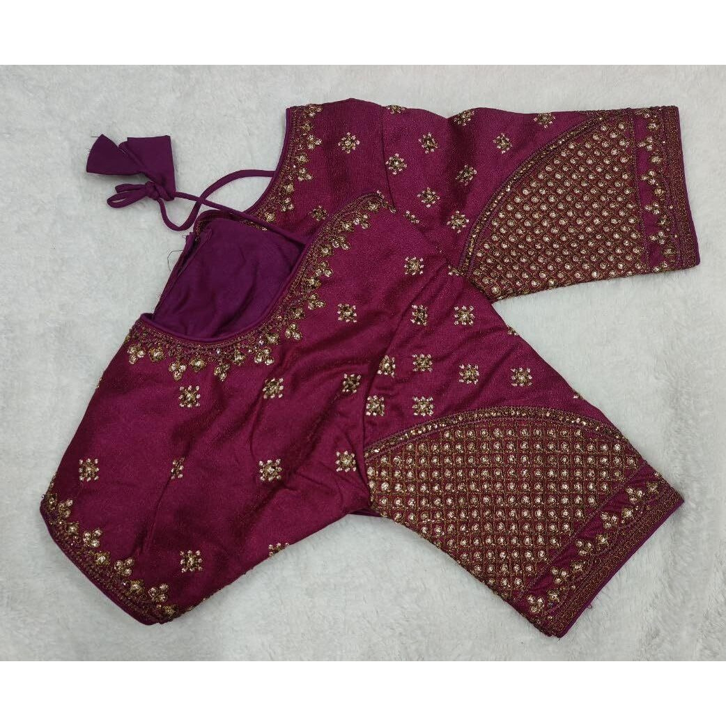 Vihu Fashion Women's Readymade Blouse Multi Golden Codding Sequence Embroidery Work Indian Ethnic Designer Stitched Readymade Saree Half Sleeve Wine Blouse For Women For Saree Lehenga Choli