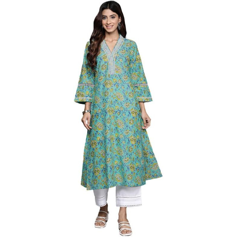 Varanga Women Sea Green Floral Printed V-Neck Straight Kurta  Elegant & Comfortable For Casual Wear (Extra Large)