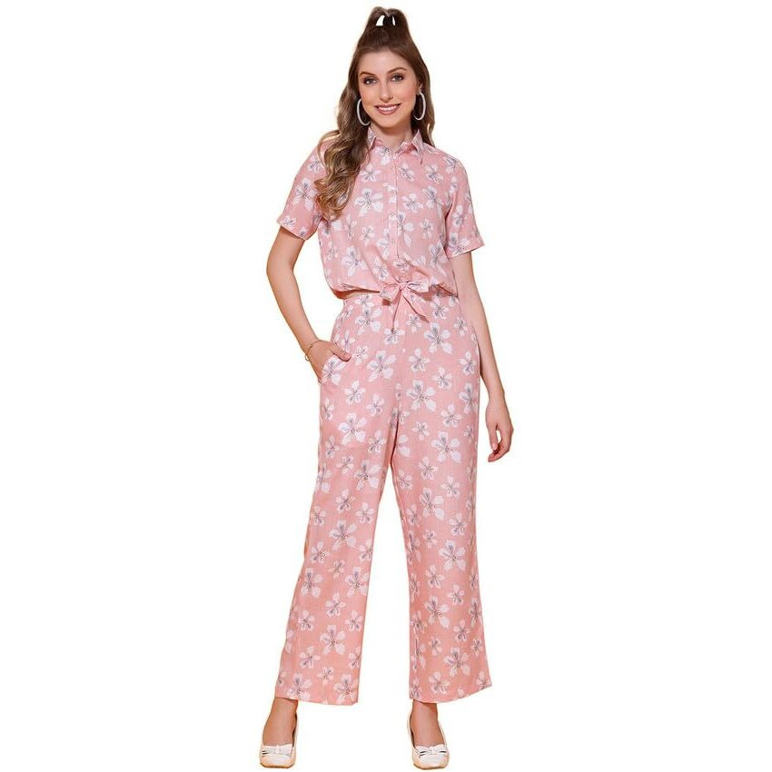 Selvia Women's Short Sleeves Cotton Blend Spread Collar Causal Co-Ords Set (458Tk7493N-Xl_460Tk463N-Xl_Peach)