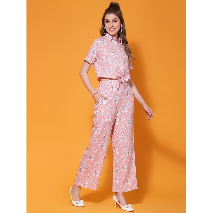 Selvia Women's Short Sleeves Cotton Blend Spread Collar Causal Co-Ords Set (458Tk7493N-Xl_460Tk463N-Xl_Peach)