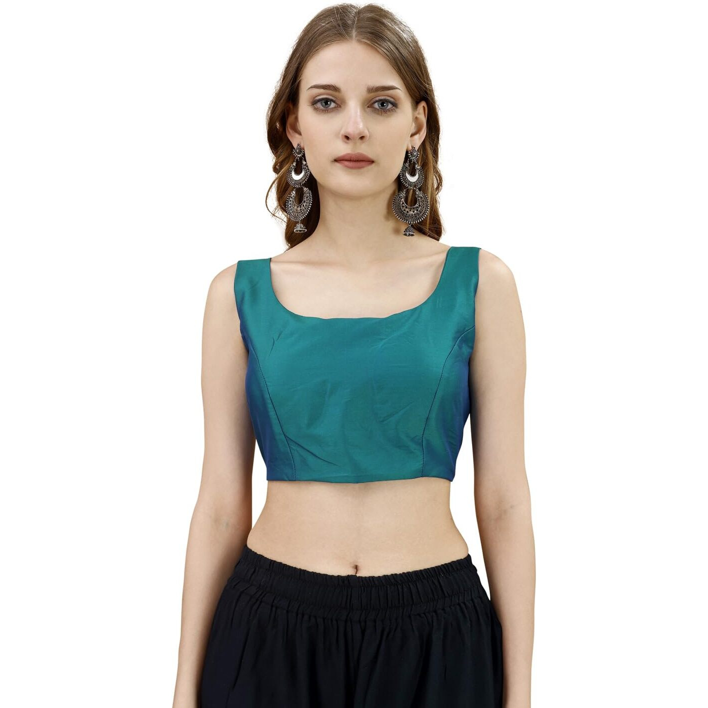 Womanista Women's Tafeta Solid Sleeveless Regular Fit Sequinned Blouse (Bls_55_Teal Xl)