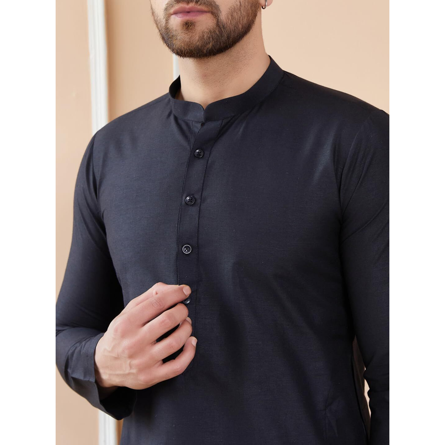 See Designs Full Sleeve Side Slit Black Cotton Solid Straight Mandarin Collar Kurta With Pyjama - Sdkt241101M
