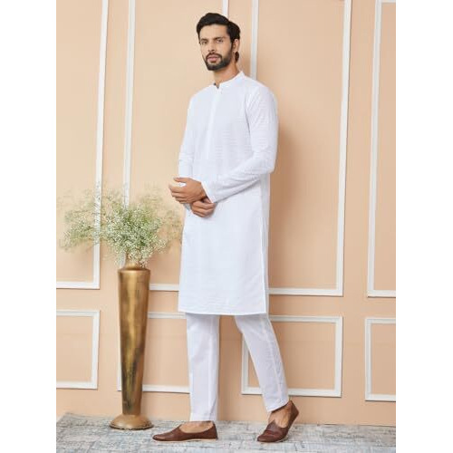 See Designs Men's Long Sleeve Mandarin Collar Side Slit White Embroidered Chikankari Pure Cotton Straight Kurta With Pyjama - Sdkt256001Xs