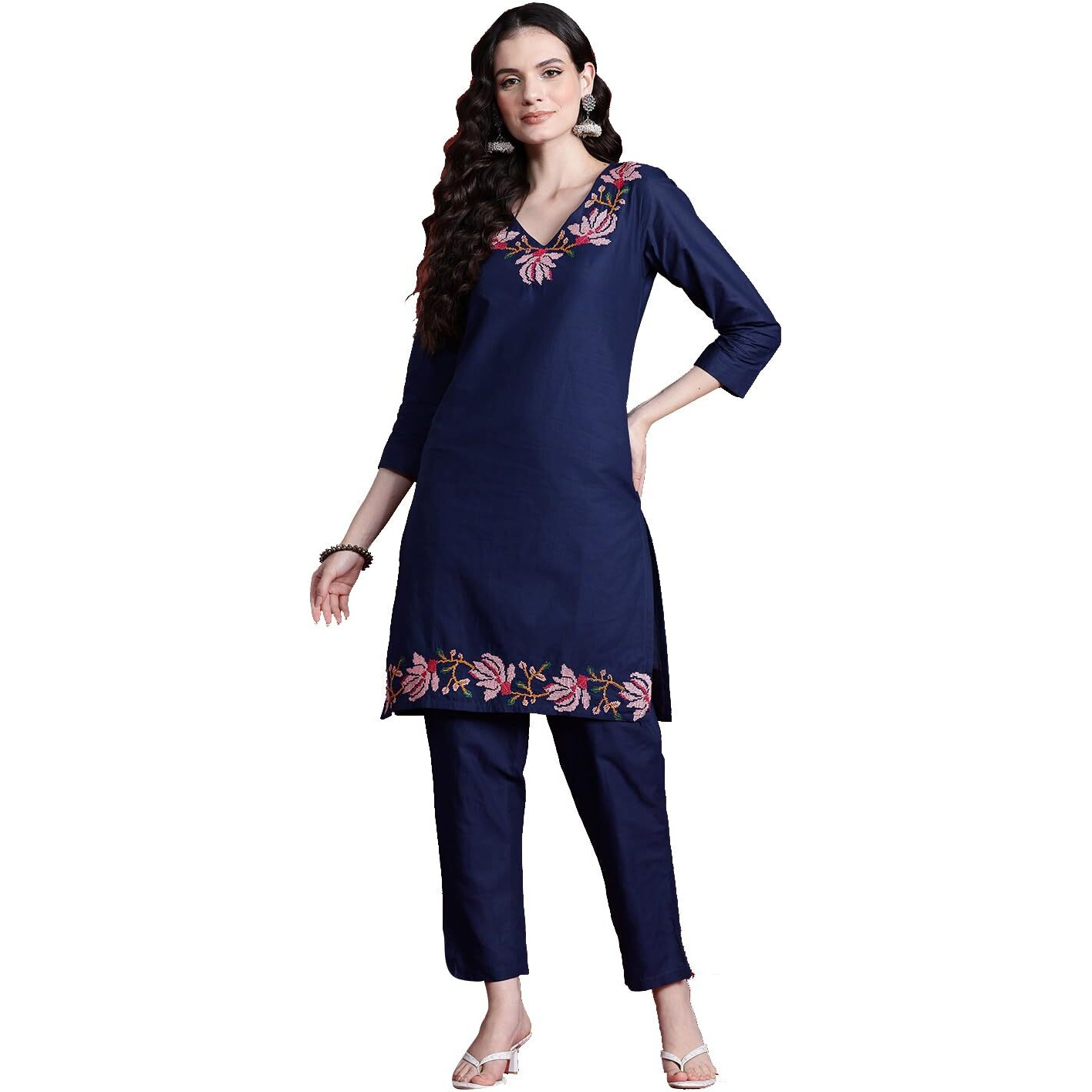 Womanista Women's Pure Cotton Solid Straight Fit Kurta Set (Co-Ords_9135_Navy Blue