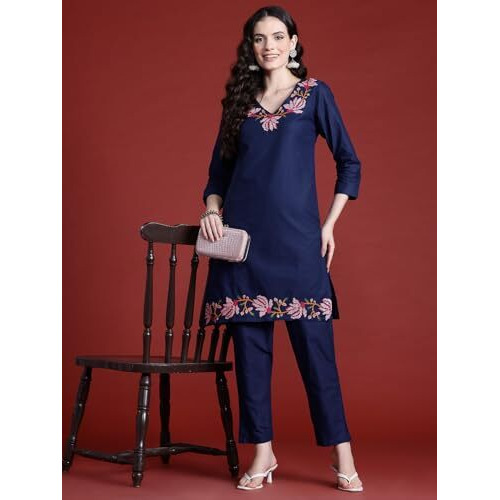 Womanista Women's Pure Cotton Solid Straight Fit Kurta Set (Co-Ords_9135_Navy Blue