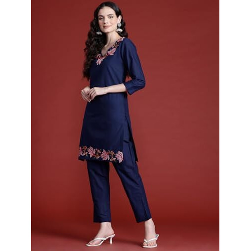 Womanista Women's Pure Cotton Solid Straight Fit Kurta Set (Co-Ords_9135_Navy Blue