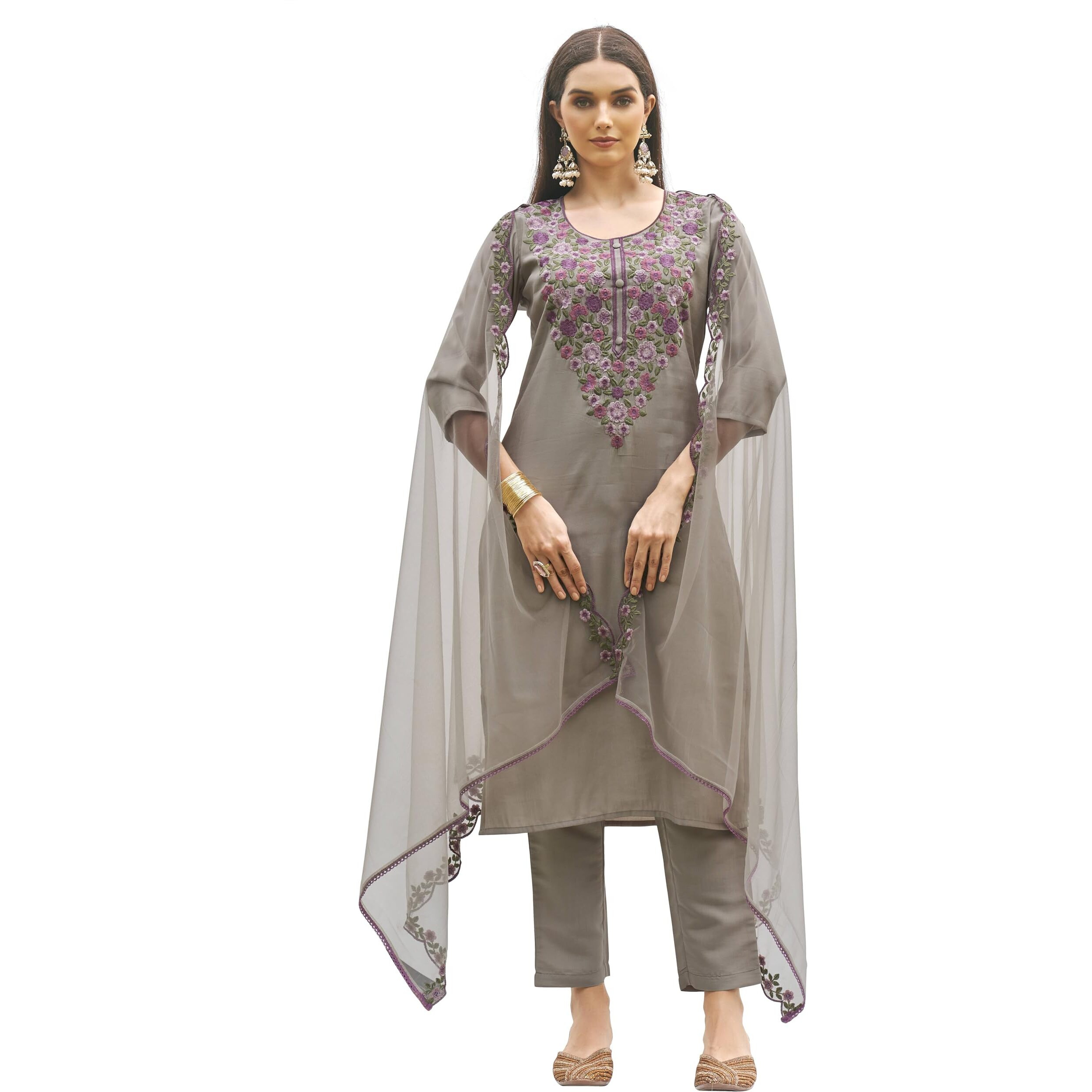 Womanista Women's Silk Blend Multi Thread Straight Cut Kurta With Pant And Dupatta (Kurtaset_1308_L)