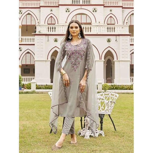 Womanista Women's Silk Blend Multi Thread Straight Cut Kurta With Pant And Dupatta (Kurtaset_1308_L)