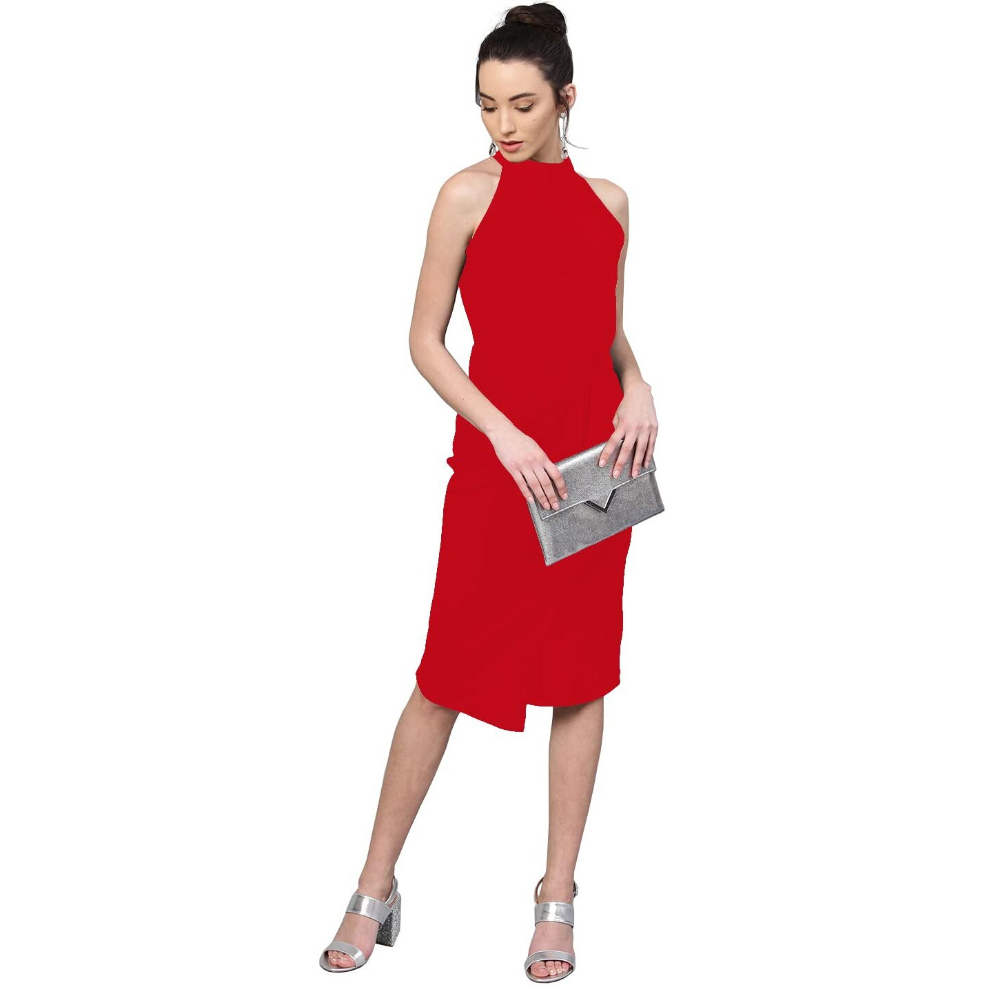 Shasmi Polyester Blend Bodycon Knee-Length Women's Elegant Halter Neck Pleated Flounce Sleeveless Midi Dress (Dresses For Tops_Red_M)