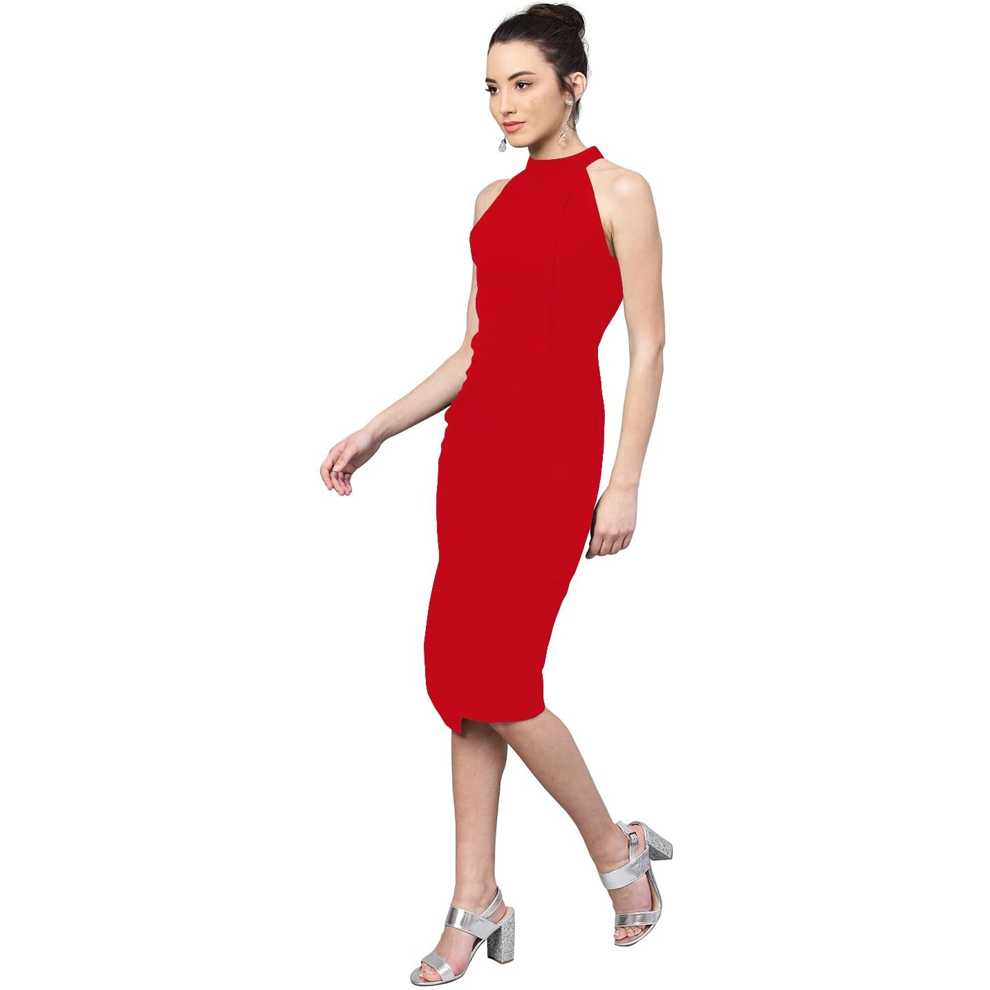 Shasmi Polyester Blend Bodycon Knee-Length Women's Elegant Halter Neck Pleated Flounce Sleeveless Midi Dress (Dresses For Tops_Red_M)