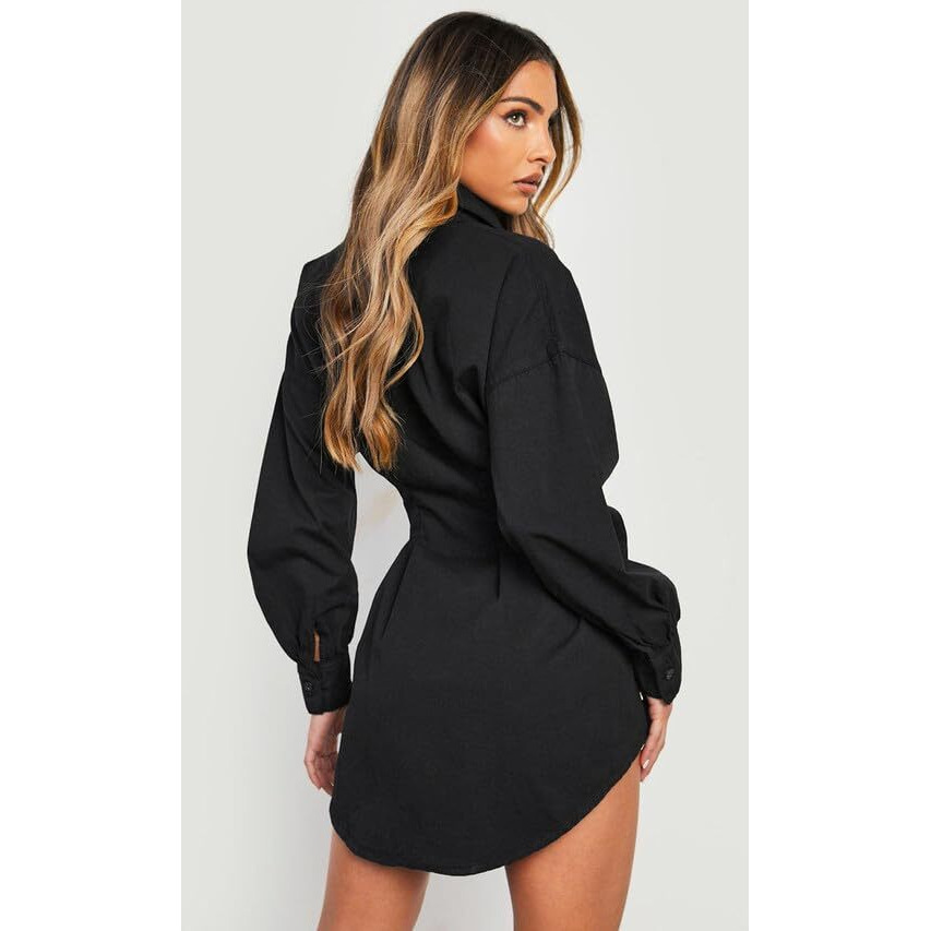 Selvia Women's Dyed Cuff Sleeve Crepe Collared Neck A-Line Dress (575Tk7873N-L_Black)