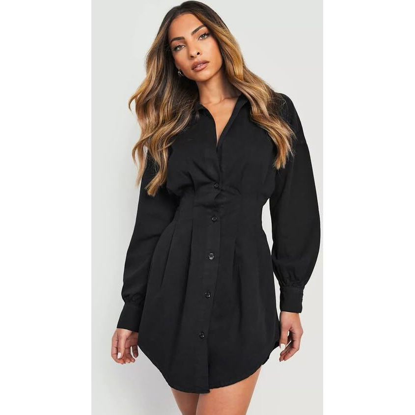 Selvia Women's Dyed Cuff Sleeve Crepe Collared Neck A-Line Dress (575Tk7873N-L_Black)