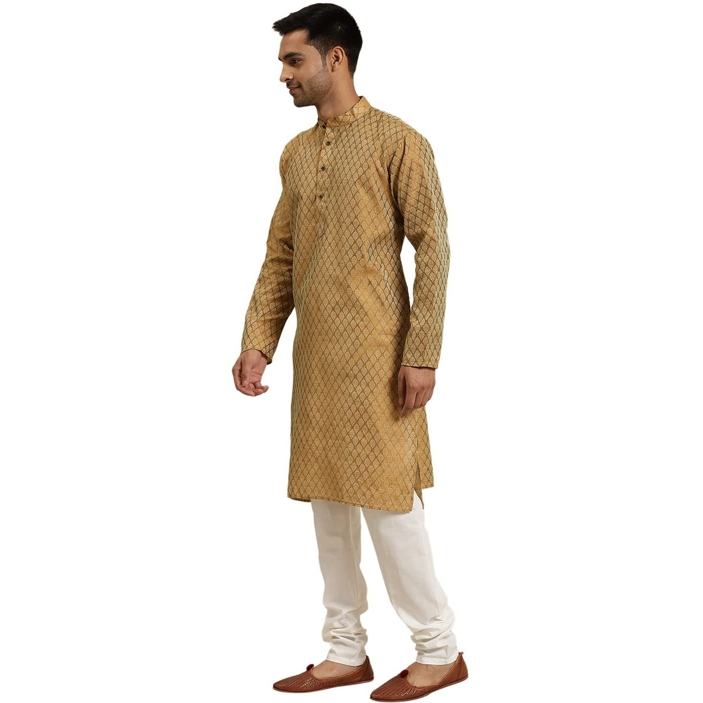 Sojanya (Since 1958 Men's Jacq Silk Mustard Self Design Kurta & Off-White Churidar Pyjama Set