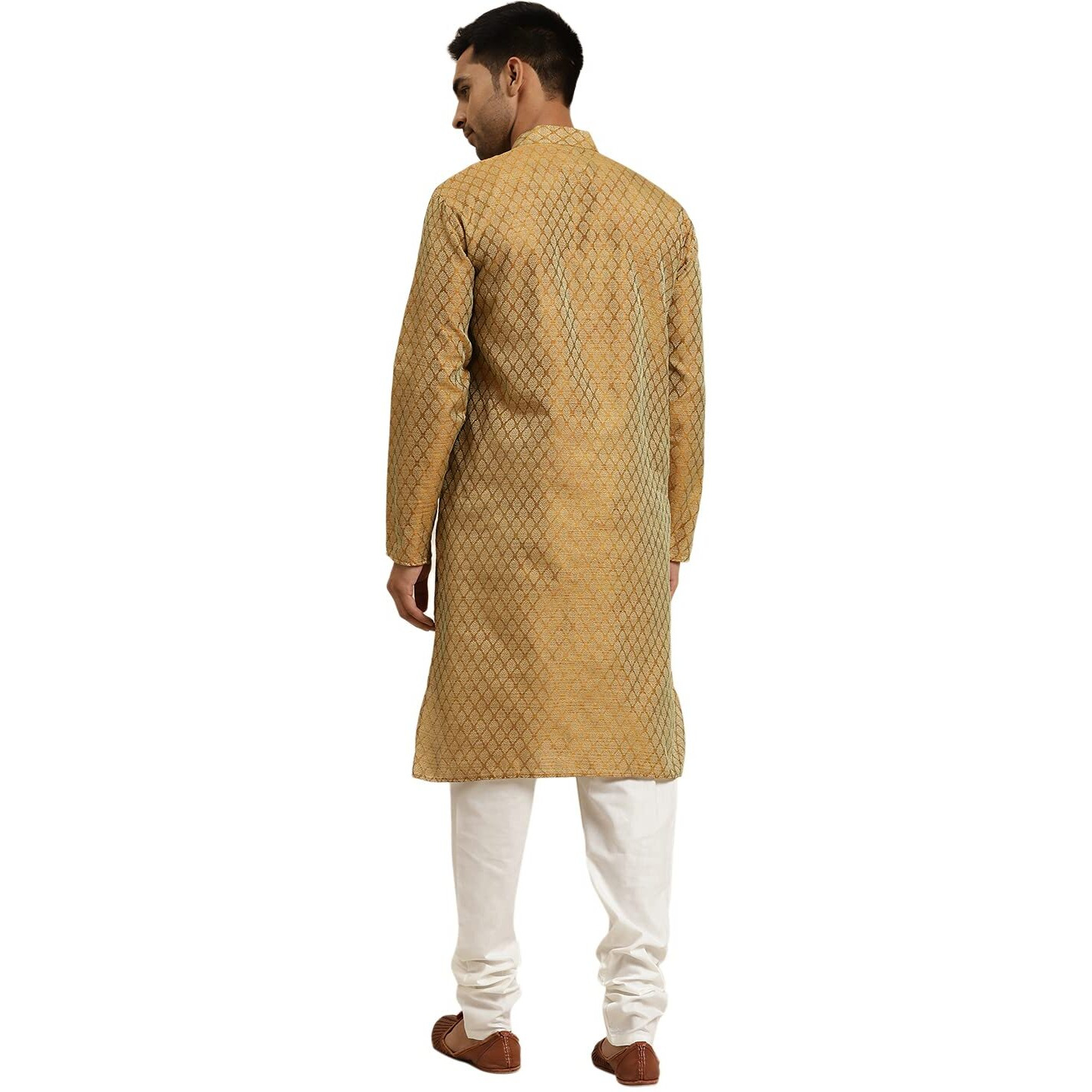Sojanya (Since 1958 Men's Jacq Silk Mustard Self Design Kurta & Off-White Churidar Pyjama Set