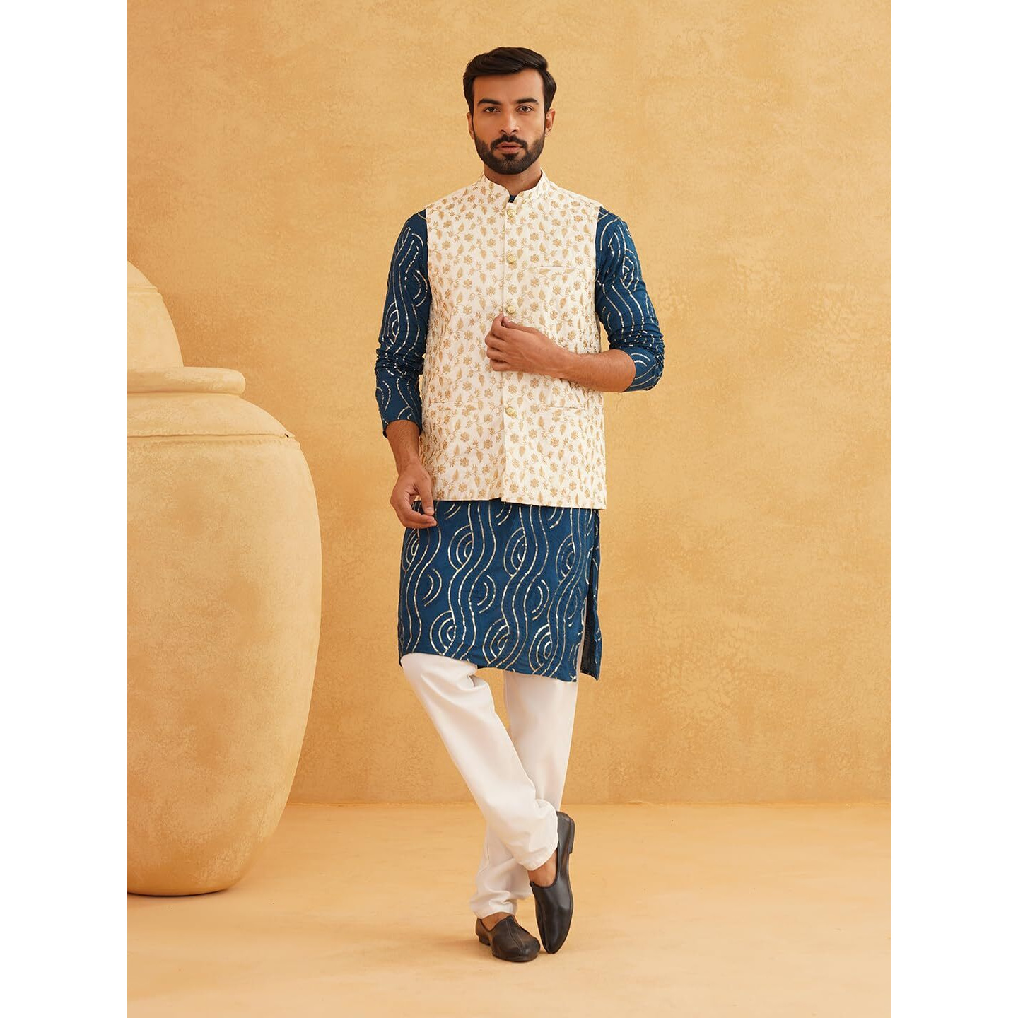 Sojanya (Since 1958 Men's Pure Cotton Teal Blue Kurta And White Pyjama With Cream Embroidery Nehru Jacket