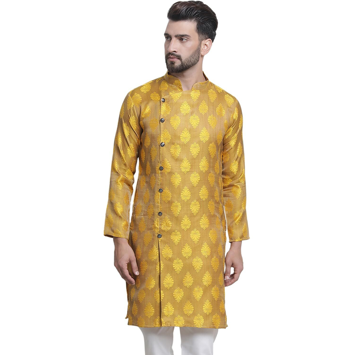 Sojanya (Since 1958 Men's Jacquard Silk Mustard Only Long Kurta