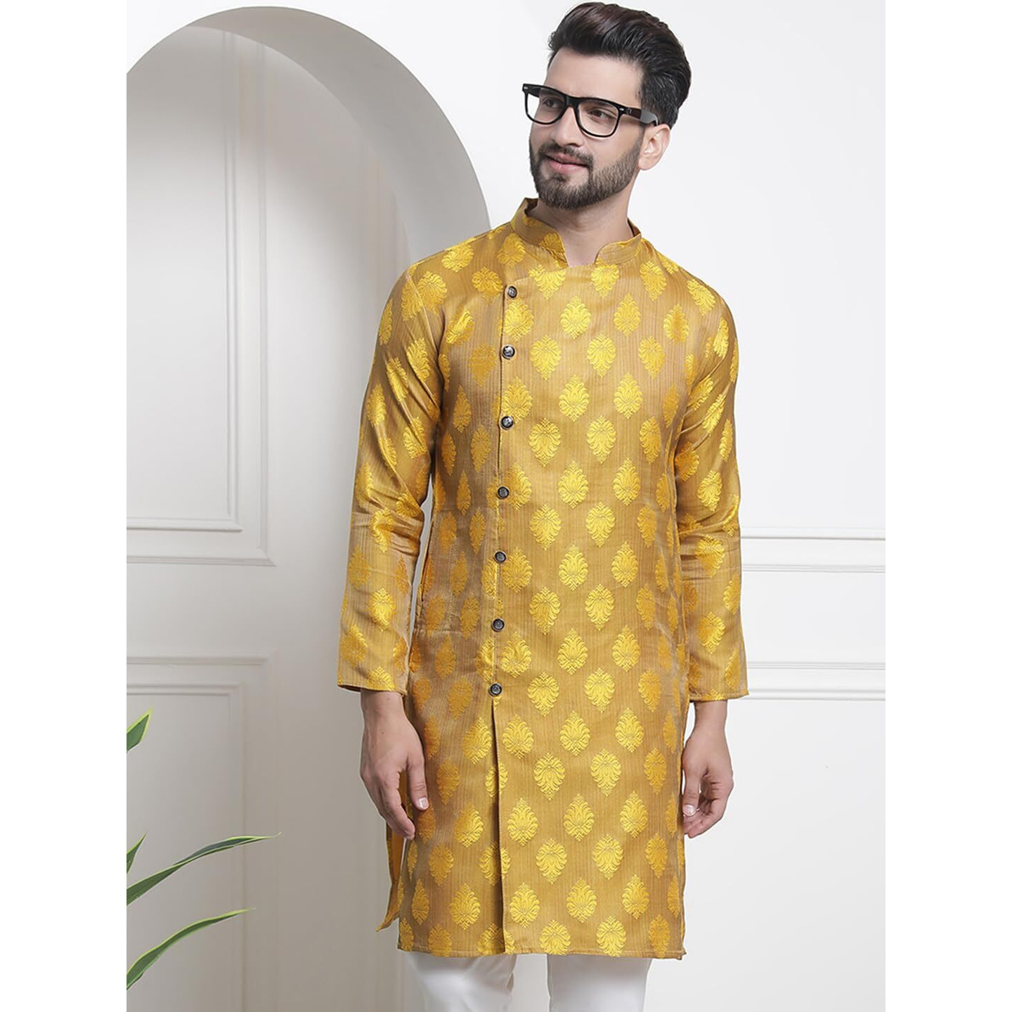 Sojanya (Since 1958 Men's Jacquard Silk Mustard Only Long Kurta
