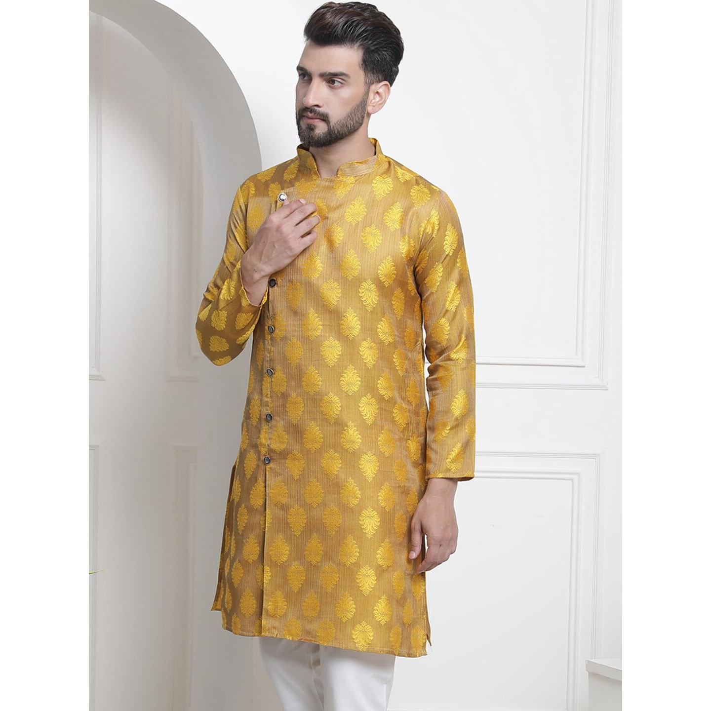 Sojanya (Since 1958 Men's Jacquard Silk Mustard Only Long Kurta