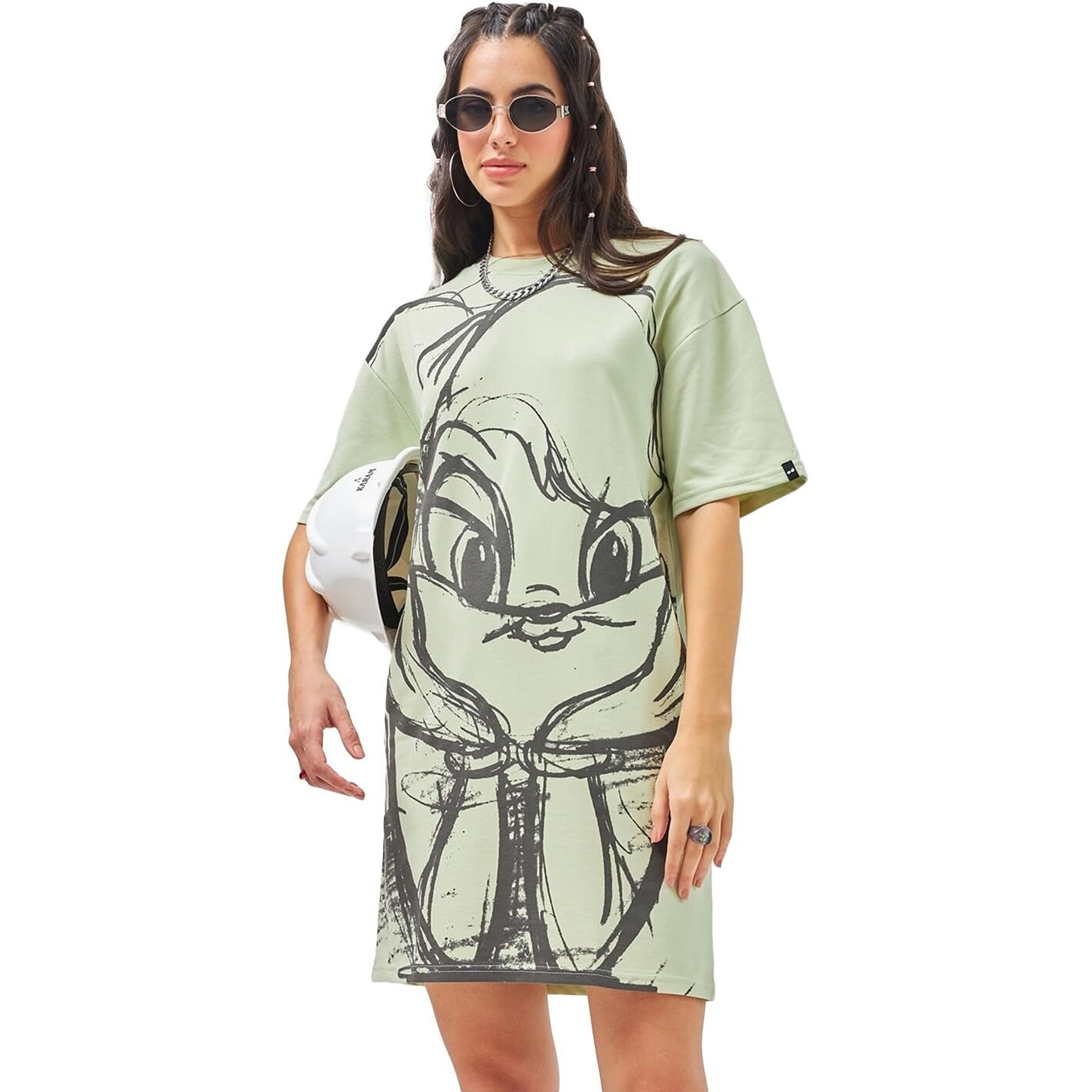 Bewakoof Heavy Duty 1.0 Official Looney Tunes Merchandise Women's Printed Oversized Fit Half Sleeve Round Neck Poly Cotton T-Shirt Dress 603346 Green S