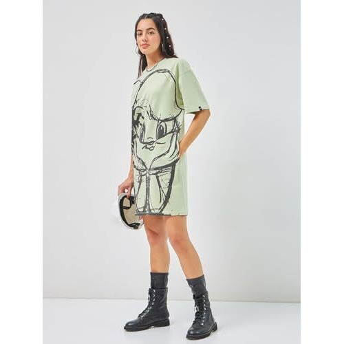 Bewakoof Heavy Duty 1.0 Official Looney Tunes Merchandise Women's Printed Oversized Fit Half Sleeve Round Neck Poly Cotton T-Shirt Dress 603346 Green S