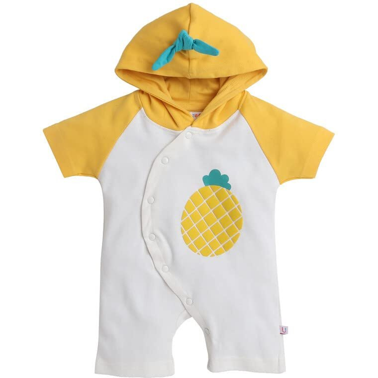Bumzee White & Yellow Boys Half Sleeves Thigh Length Hooded Romper Age - 6-9 Months