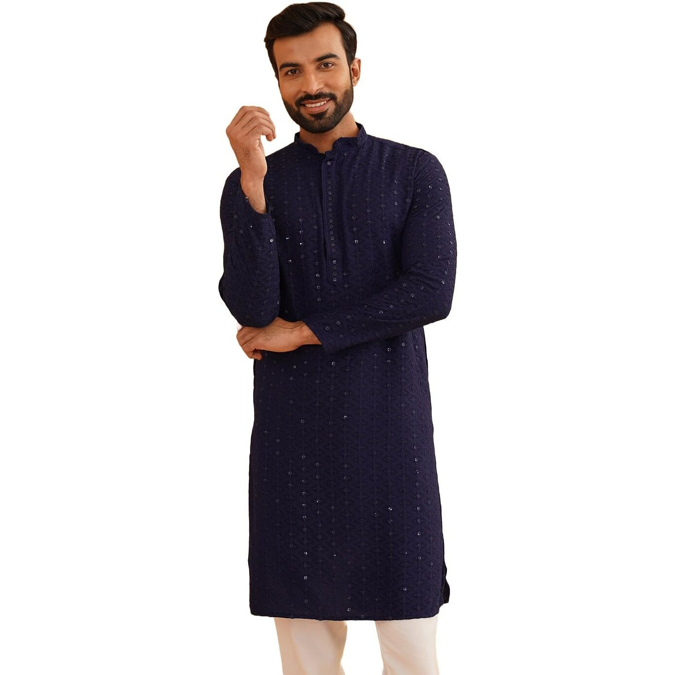 Sojanya (Since 1958 Men's Ethnic Motifs Embroidered Sequinned Navy Blue Cotton Long Kurta