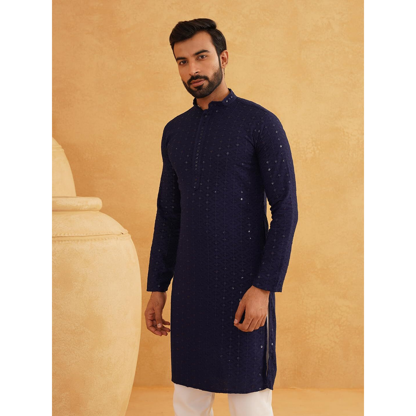 Sojanya (Since 1958 Men's Ethnic Motifs Embroidered Sequinned Navy Blue Cotton Long Kurta