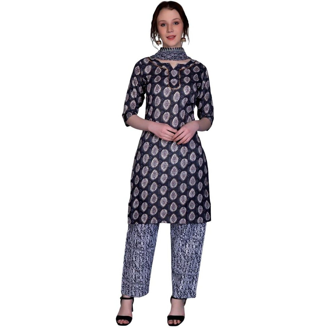 Dhruvi Trendz Women Cotton Blend Fancy Kurta Set Regular Fit Printed (Dt-K2695&P117_Black_Xl)