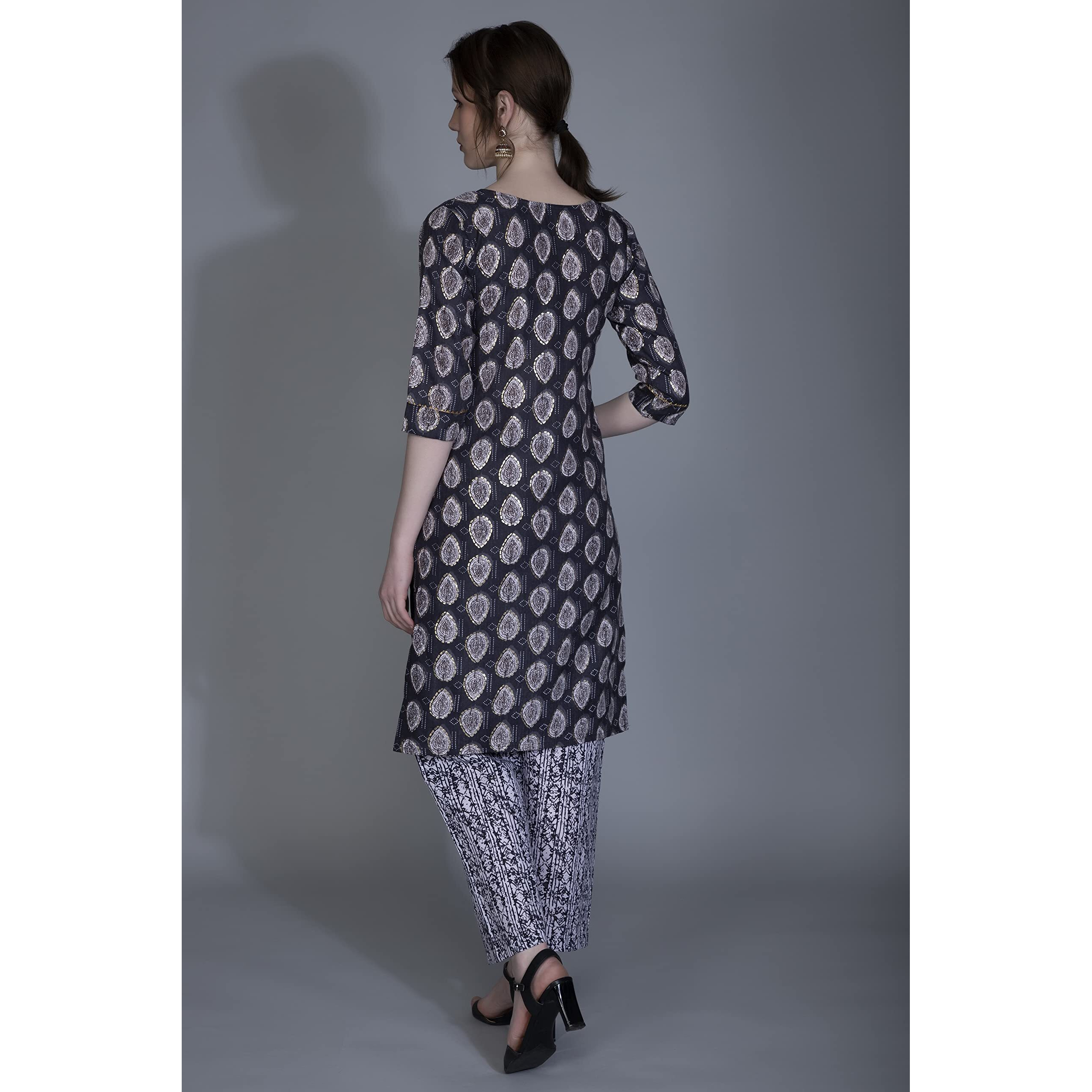 Dhruvi Trendz Women Cotton Blend Fancy Kurta Set Regular Fit Printed (Dt-K2695&P117_Black_Xl)