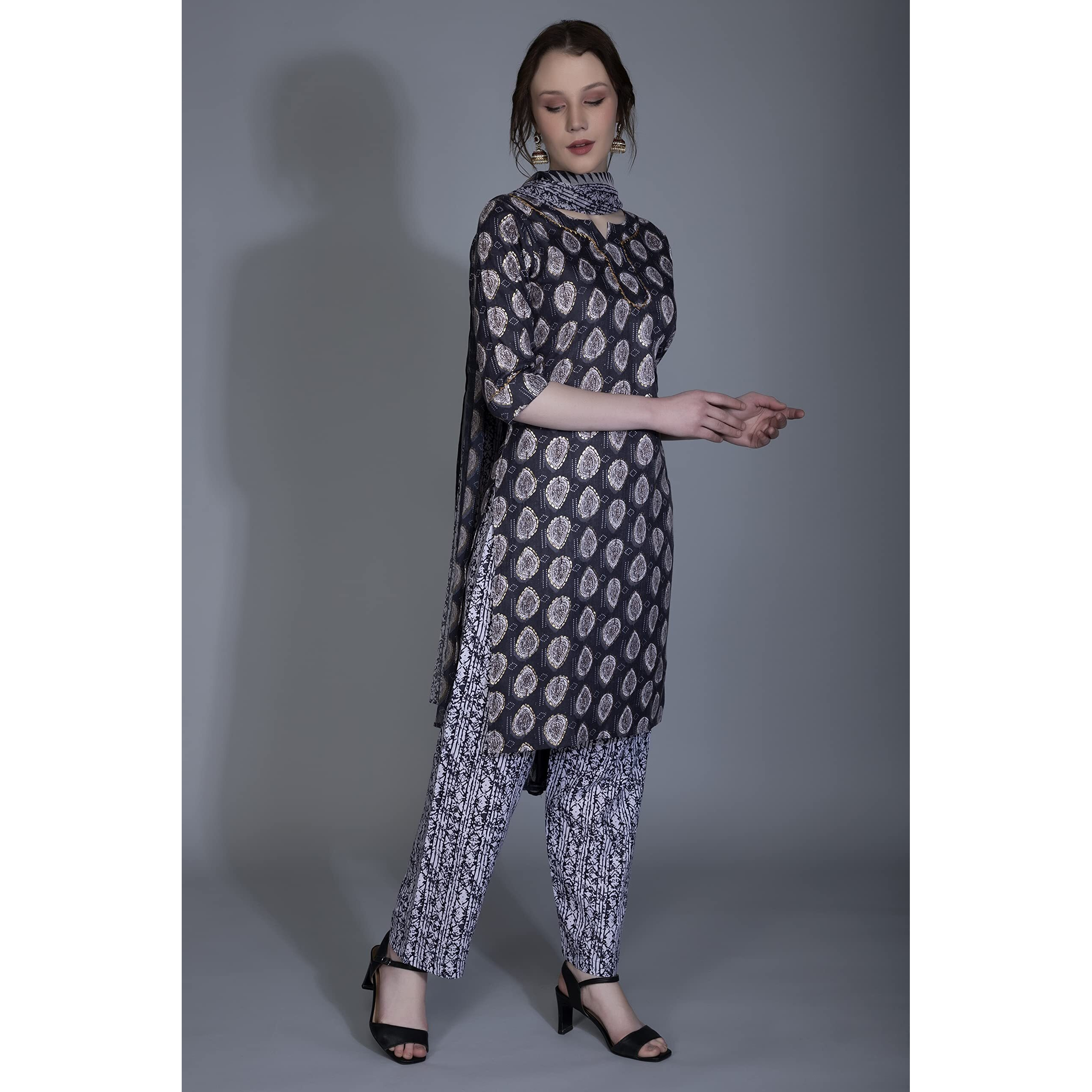 Dhruvi Trendz Women Cotton Blend Fancy Kurta Set Regular Fit Printed (Dt-K2695&P117_Black_Xl)