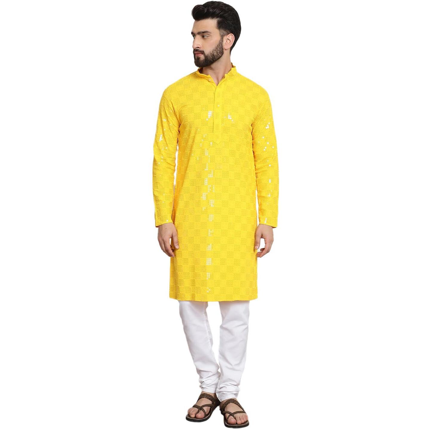 Sojanya (Since 1958 Men's Cotton Embroidered Sequinned Mustard Kurta With White Churidar Pyjama