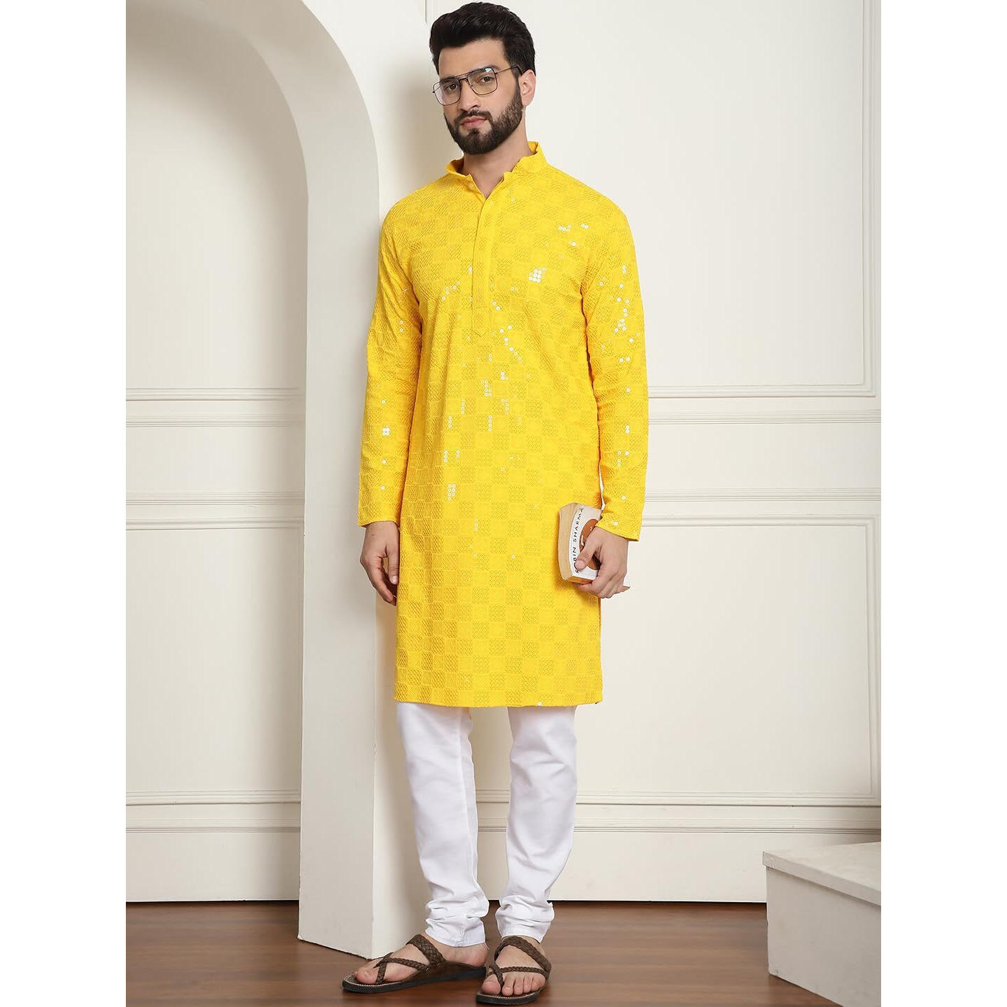 Sojanya (Since 1958 Men's Cotton Embroidered Sequinned Mustard Kurta With White Churidar Pyjama