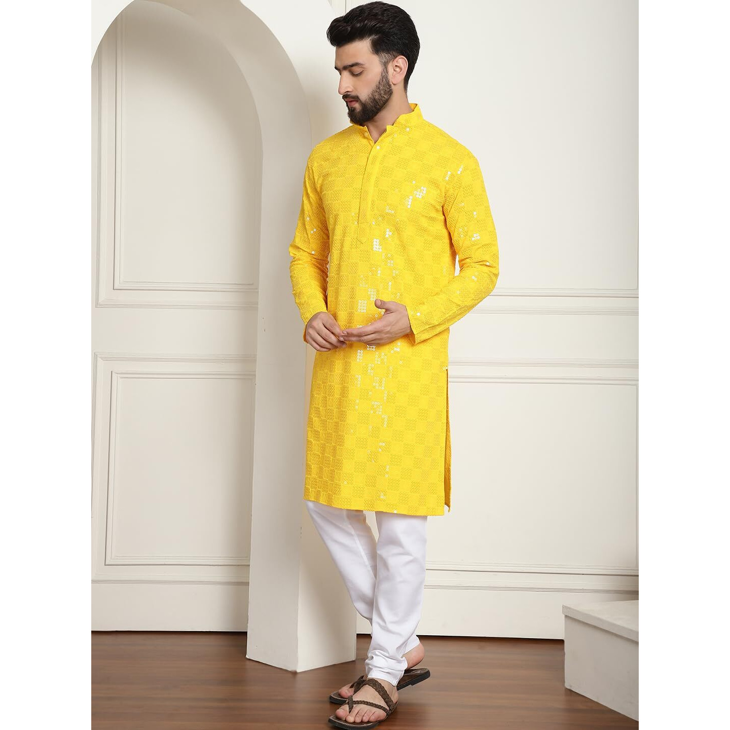 Sojanya (Since 1958 Men's Cotton Embroidered Sequinned Mustard Kurta With White Churidar Pyjama