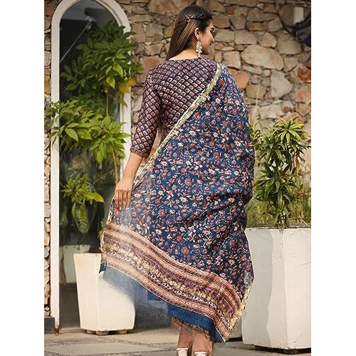 Dhruvi Trendz Women Cotton Blend Fancy Kurta Set Regular Fit Printed (Dt-K2706&P128&D83_Blue_2Xl)