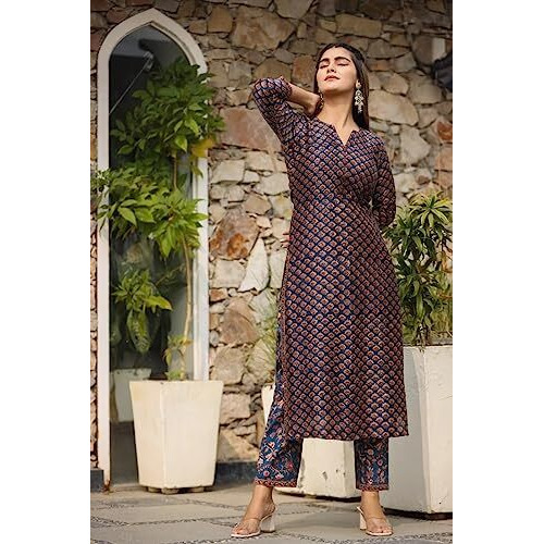 Dhruvi Trendz Women Cotton Blend Fancy Kurta Set Regular Fit Printed (Dt-K2706&P128&D83_Blue_2Xl)