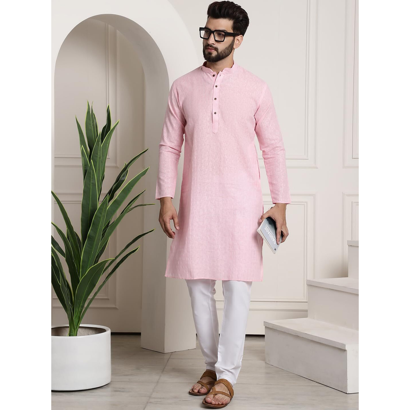 Sojanya (Since 1958 Men's Cotton Blend Pink Checked Kurta And White Churidar Pyjama Set