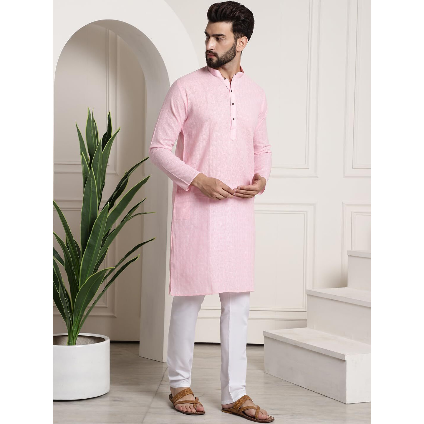 Sojanya (Since 1958 Men's Cotton Blend Pink Checked Kurta And White Churidar Pyjama Set
